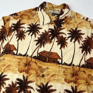 Tommy Bahama Shirt Mens Medium Brown 100% Silk Palms‎ Tropical Hawaiian